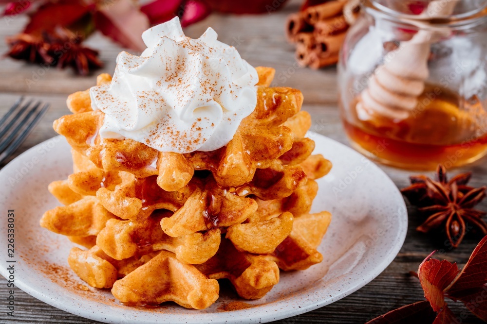 Pumpkin spice waffles with whipped cream for Thanksgiving Day. Pumpkin spice waffles with whipped cream for Thanksgiving Day.