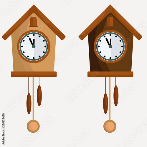Clock set with pendulum and cuckoo. Two options, dark and light vector illustration.