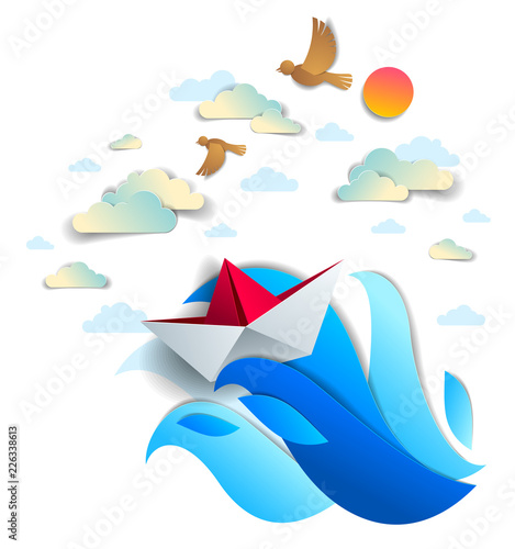 Origami paper ship toy swimming in ocean waves, beautiful vector illustration of scenic seascape with toy boat floating in the sea and birds in the sky. Water travel, summer holidays.