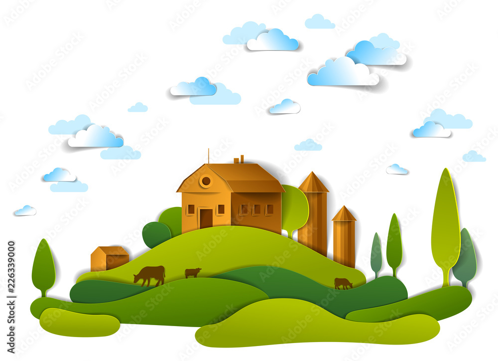 Farm in scenic landscape of fields and trees and wooden country buildings, clouds in the sky, cow milk ranch, countryside lazy summer time vector illustration in paper cut style.