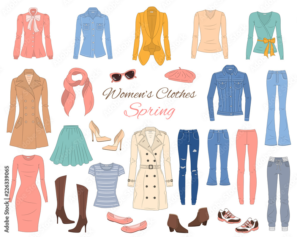 Women clothes collection. Spring outfit. Vector illustration. - obrazy, fototapety, plakaty 