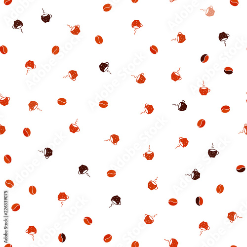 Light Red vector seamless pattern with coffee beans, cups.