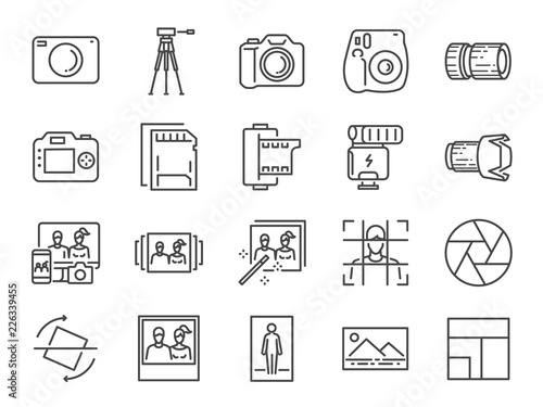 Photo and camera line icon set. Included icons as image, picture, gallery, album, polaroid and more.