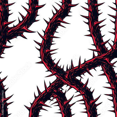 Horror art style horrible seamless pattern, vector background. Blackthorn branches with thorns stylish endless illustration. Hard Rock and Heavy Metal subculture music textile fashion stylish design.