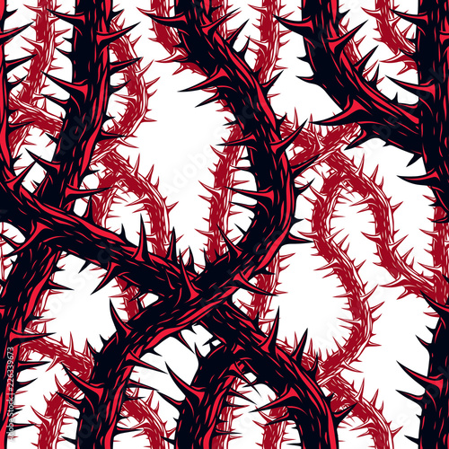 Horror art style horrible seamless pattern, vector background. Blackthorn branches with thorns stylish endless illustration. Hard Rock and Heavy Metal subculture music textile fashion stylish design.