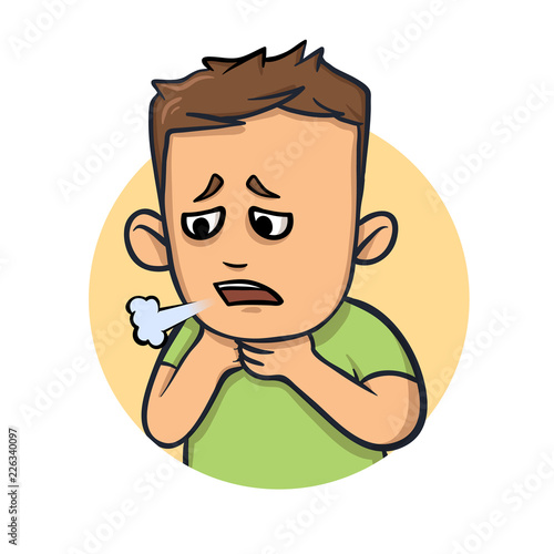 Wheezing, coughing boy. Signs of sickness. Colorful flat vector illustration. Isolated on white background.