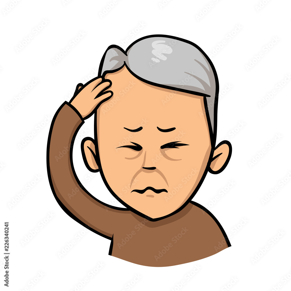 Senior man holding hand to his head. Forgetfulness, headache. Colorful flat vector illustration. Isolated on white background.