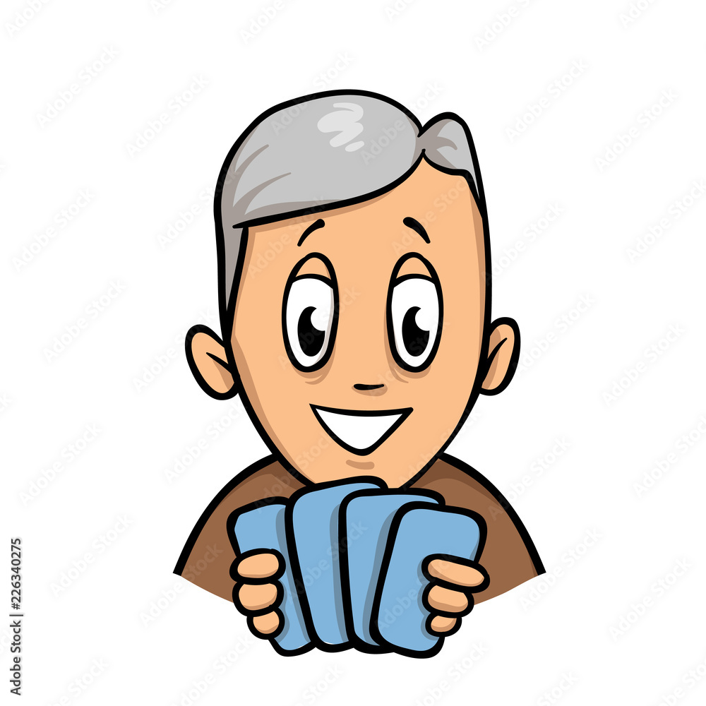 Senior man holding four cards in his hands. Colorful flat vector illustration. Isolated on white background. Senior man holding four cards in his hands. Colorful flat vector illustration. Isolated on white background.