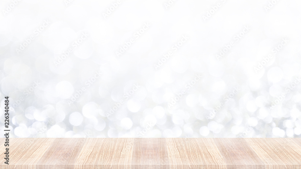 Wood table top on abstract light christmas bokeh background for design Wood table top on abstract light christmas bokeh background for design