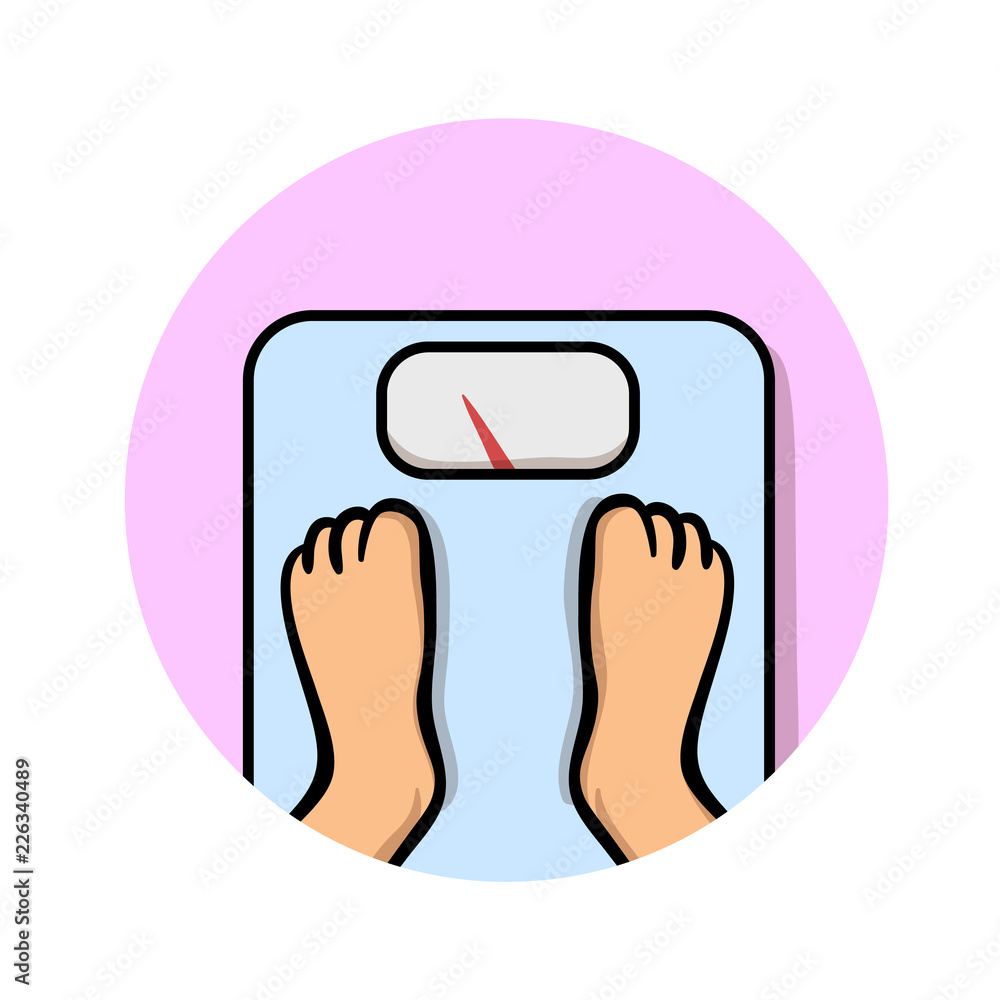 Feet on weighing scales. Cartoon design icon. Colorful flat vector  illustration. Isolated on white background. Stock Vector | Adobe Stock
