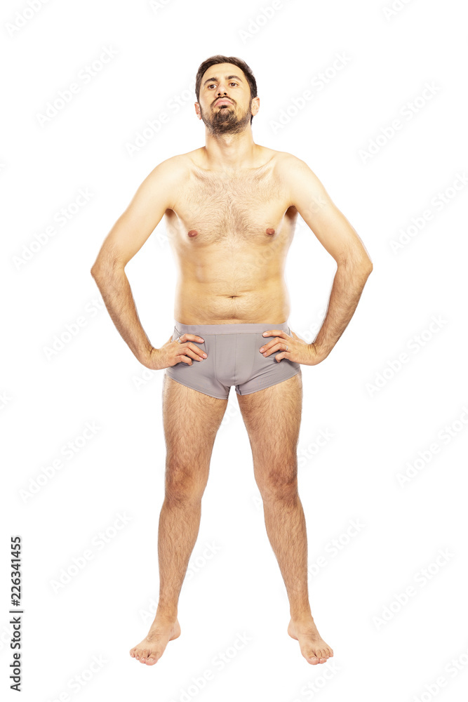 Man without clothes, in shorts, isolated on white background