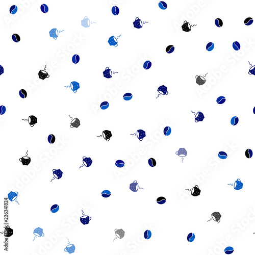 Light BLUE vector seamless pattern with coffee beans, cups.