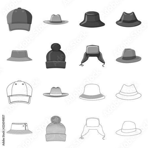 Vector design of headgear and cap sign. Collection of headgear and accessory stock vector illustration.