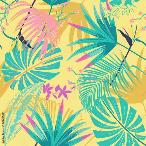 vector seamless beautiful artistic summer pastale bright tropical pattern with exotic forest. Colorful cute original stylish floral background print,