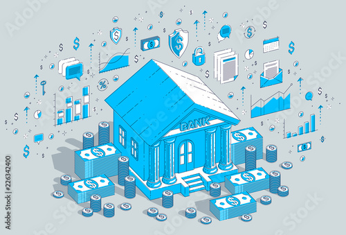 Old cartoon bank building with cash money dollar pile and cent stack cartoon isolated over white background. Isometric vector finance illustration with icons, stats charts and design elements.