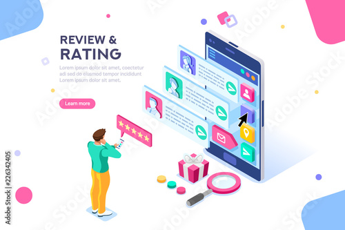 Chat, best community customer review, communication, satisfaction of buying products. Connection, scale for rating concept with icons. Flat isometric vector illustration.