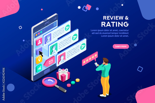 Chat, best community customer review, communication, satisfaction of buying products. Connection, scale for rating concept with icons. Flat isometric vector illustration.