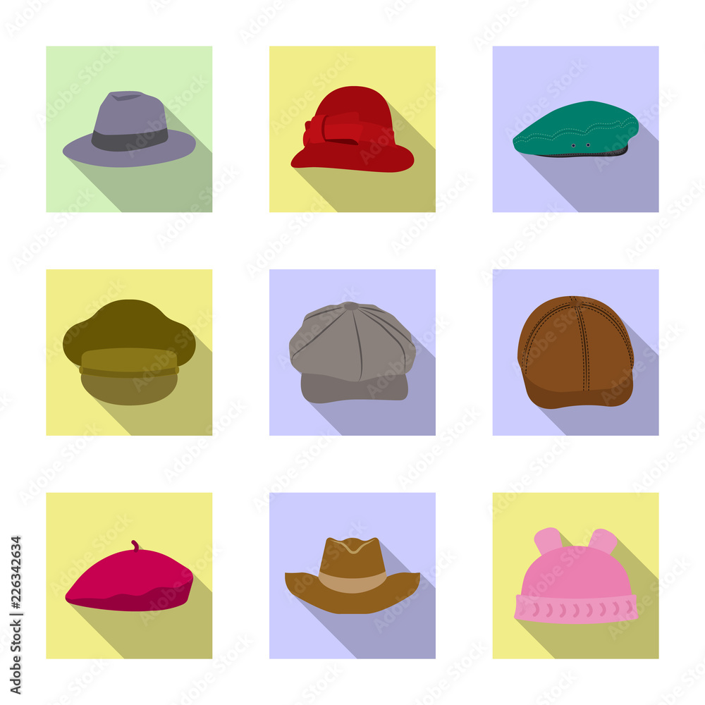 Isolated object of headgear and cap icon. Set of headgear and accessory stock vector illustration. Isolated object of headgear and cap icon. Set of headgear and accessory stock vector illustration.
