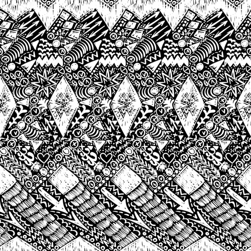 Tribal pattern. Aztec fabric. Mystical ornament. Surreal symbols print. Clothes or interior design. Boho fashion. Traditional homespun textile. Vector seamless pattern.