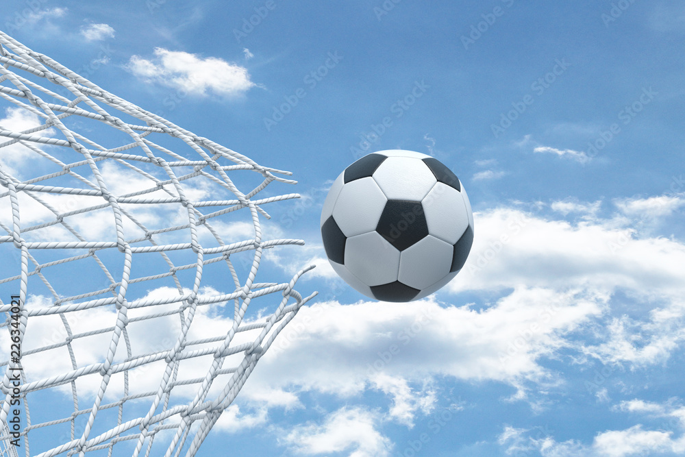 Naklejka premium 3d rendering of a football ball flying very strongly through a net and breaking it on a sky background.
