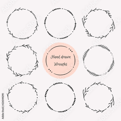 Hand drawn wreath set. Floral round frames, vector design elements for cards, invitations. 