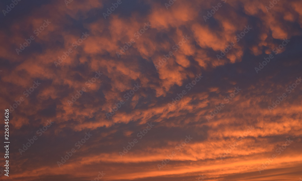 Obraz premium Dramatic sunset sky with orange colored clouds.