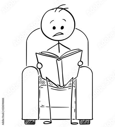 Cartoon stick drawing conceptual illustration of man sitting in arm chair and reading suspense book.