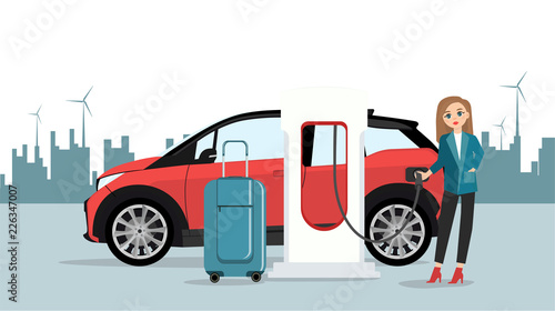 Woman traveler with baggage is renting an electric car. Vector illustration