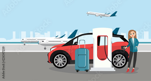 A woman at the airport is renting an electric car. Vector illustration