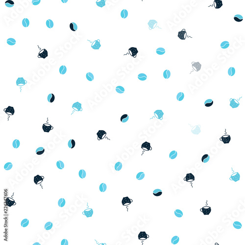 Light BLUE vector seamless pattern with coffee beans, cups.