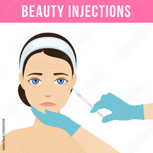 Women anti-aging skin care. Different types of facial wrinkles. Woman Botox injection. Anti-aging procedure. Vector