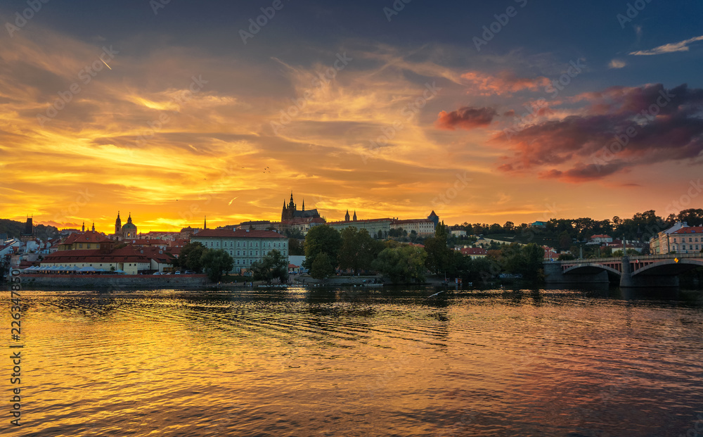 Prague Castle and Vltava river at sunset