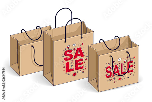 Shopping bags big sale, sellout, retail, Black Friday discount, eco paper bag isolated on white background. Isometric vector illustration, 3d thin line design.