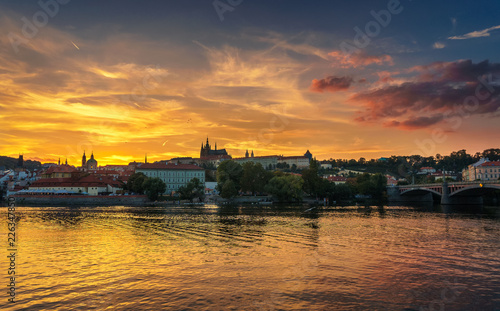 Prague Castle and Vltava river at sunset
