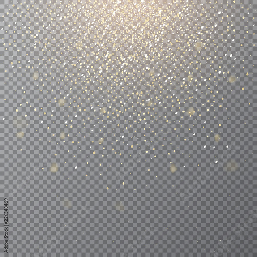 Falling golden snow on transparent background. Vector holiday background.