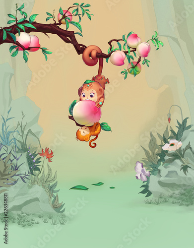 Fototapeta Naklejka Na Ścianę i Meble -  monkeys steal the peach