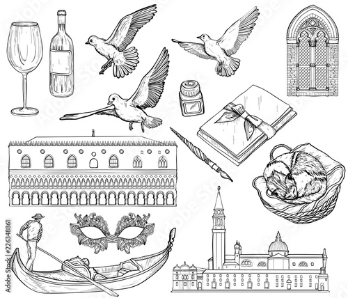 Vector Set of Venice sketch. Black and white.