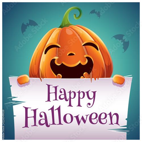 Happy Halloween poster with silly smiling pumpkin with parchment on dark blue background. Happy Halloween party.