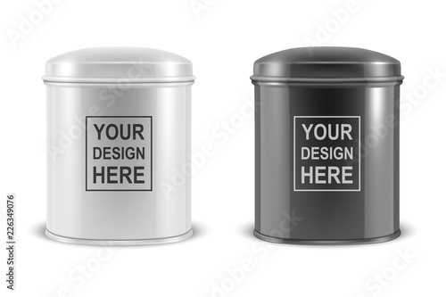 Vector realistic 3d white and black blank metal aluminium tea tin can container with cap oval shape icon set closeup isolated on white background. Design template for graphics, packaging baby powder