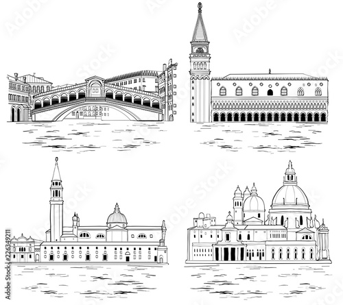 Venice landmarks and tourist attractions set. Vector illustration