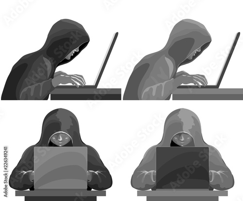Hacker stealing data and passwords from a personal computer, cyber attack. Black and white set
