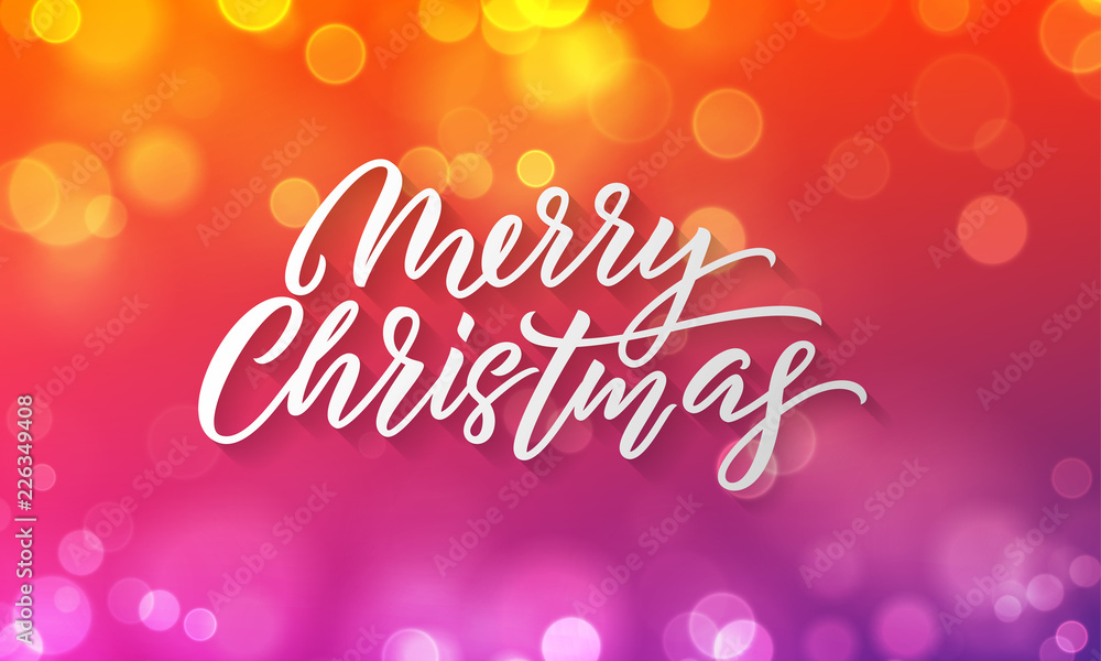 Merry Christmas lettering and Xmas holiday background. Vector Christmas lights sparkles with bokeh light flares