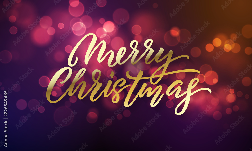Merry Christmas lettering and Xmas holiday sparkling flares background. Vector Christmas lights sparkles with light blure