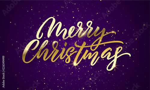 Christmas golden light sparkles, Xmas golden glitter confetti. Merry Christmas gold calligraphy lettering with sparkling stars on purple glittering background
