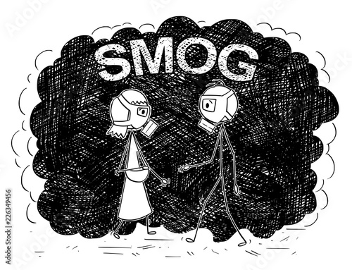 Cartoon stick drawing conceptual illustration of pedestrian man and woman with or wearing a gas mask and walking in polluted air. Smog text is behind them. Concept of air quality or pollution in