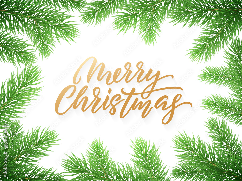 Gold Christmas card lettering on white background with green Christmas trees branches