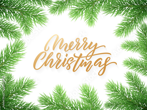 Gold Christmas card lettering on white background with green Christmas trees branches © Ron Dale