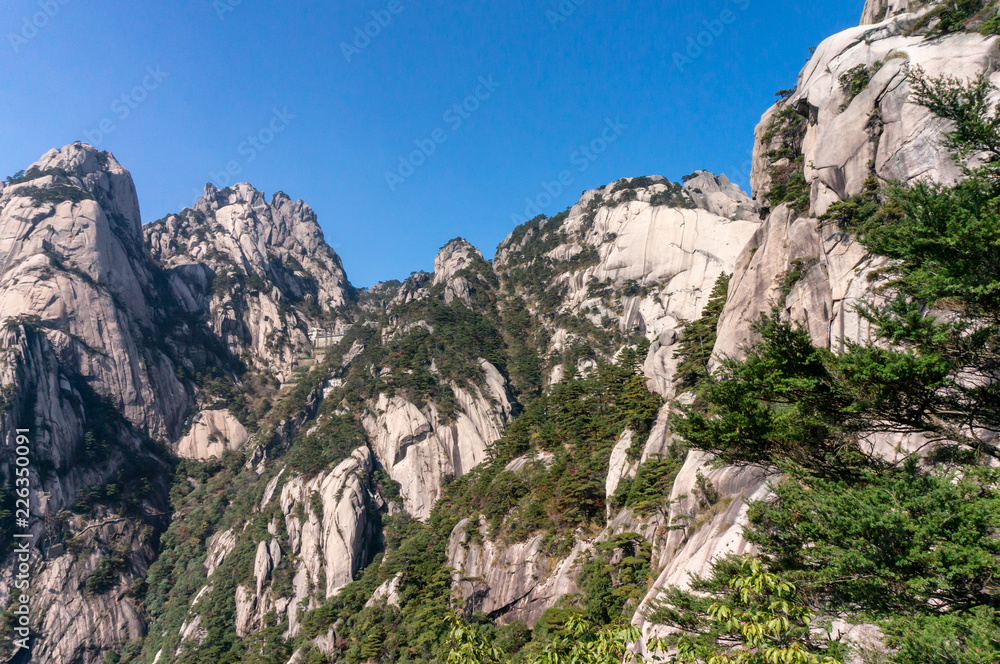 Fototapeta premium Oddly-shaped rocks on a foggy day, Huangshan Mountain in China.