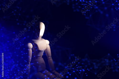 blue wood pose and technology artificial intelligence robotic ai machine data network concept