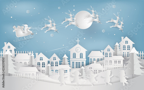 Merry christmas and New Year. Illustration of santa claus is coming to city. Winter snow. minimal greeting card concept. Paper art and digital craft style.